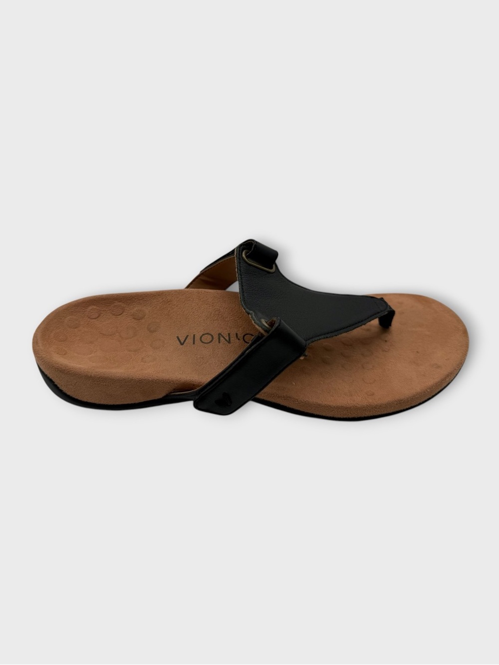 Vionic Black Leather and Brown Footbed Thong Sandals